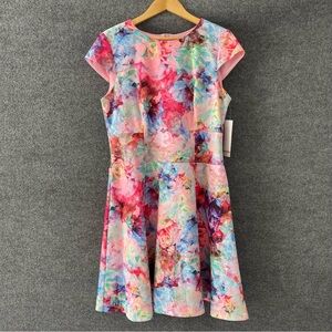 LESLIE FAY Womens Floral Watercolor Dress Pink Cap Sleeve Size 12 Garden Cottage